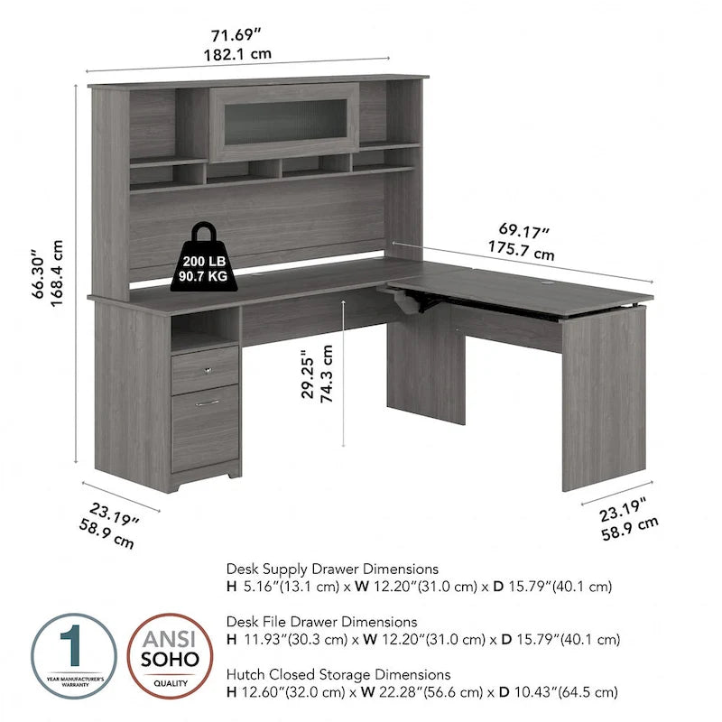 72W 3-position L-shaped Sit to Stand Desk with Hutch by Bush Furniture