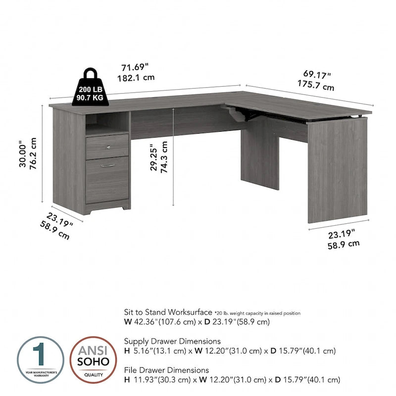 72W 3-position L-shaped Sit to Stand Desk by Bush Furniture
