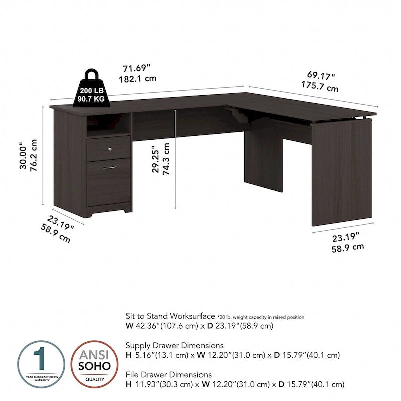 72W 3-position L-shaped Sit to Stand Desk by Bush Furniture