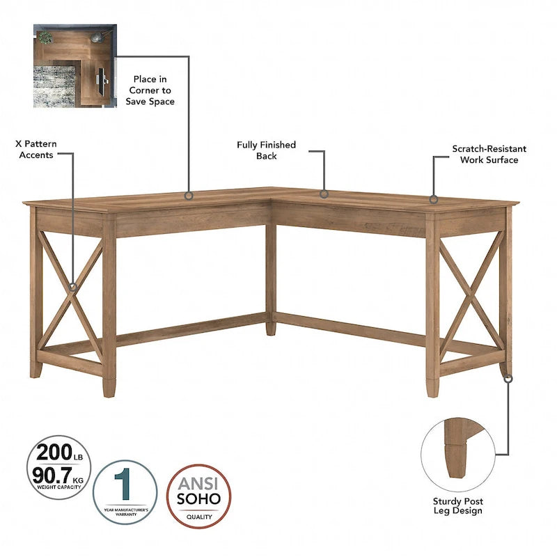 Key West 60W L Shaped Desk with Mobile File Cabinet by Bush Furniture