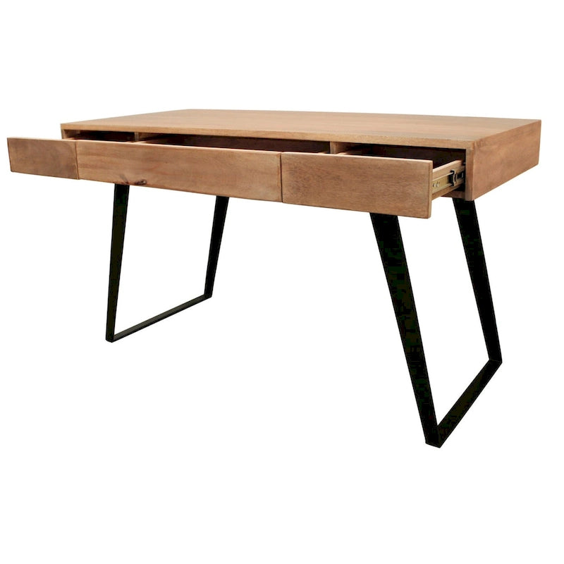 54  Natural and Black Mango Solid Wood Writing Desk With Three Drawers
