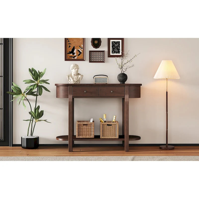 Vintage Console Table with 2 Storage Drawers, Open Lower Shelf, and Curved Design for Home Entryway and Hotel