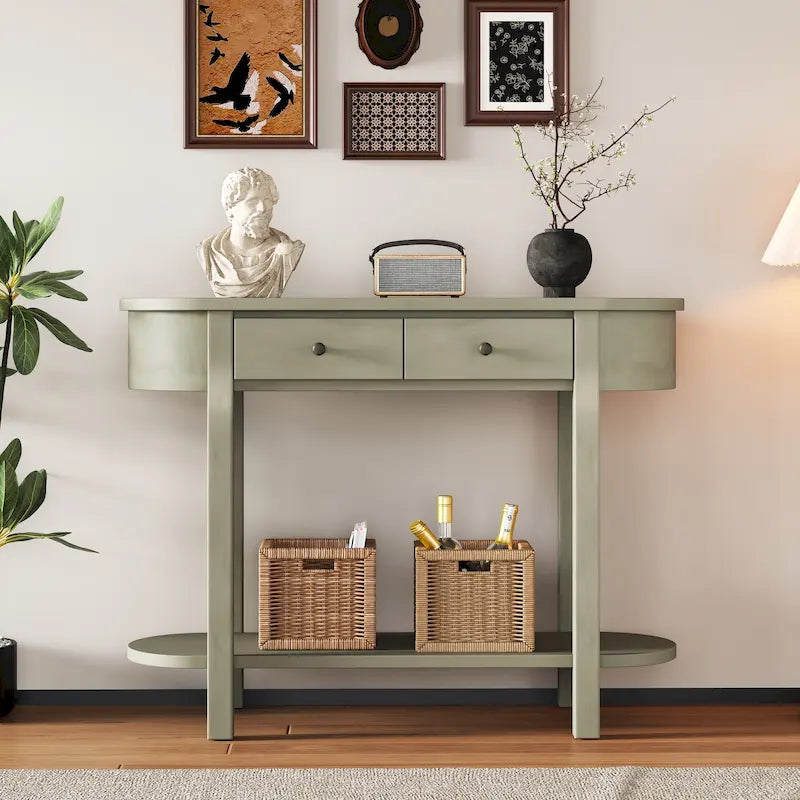 Vintage Console Table with 2 Storage Drawers, Open Lower Shelf, and Curved Design for Home Entryway and Hotel
