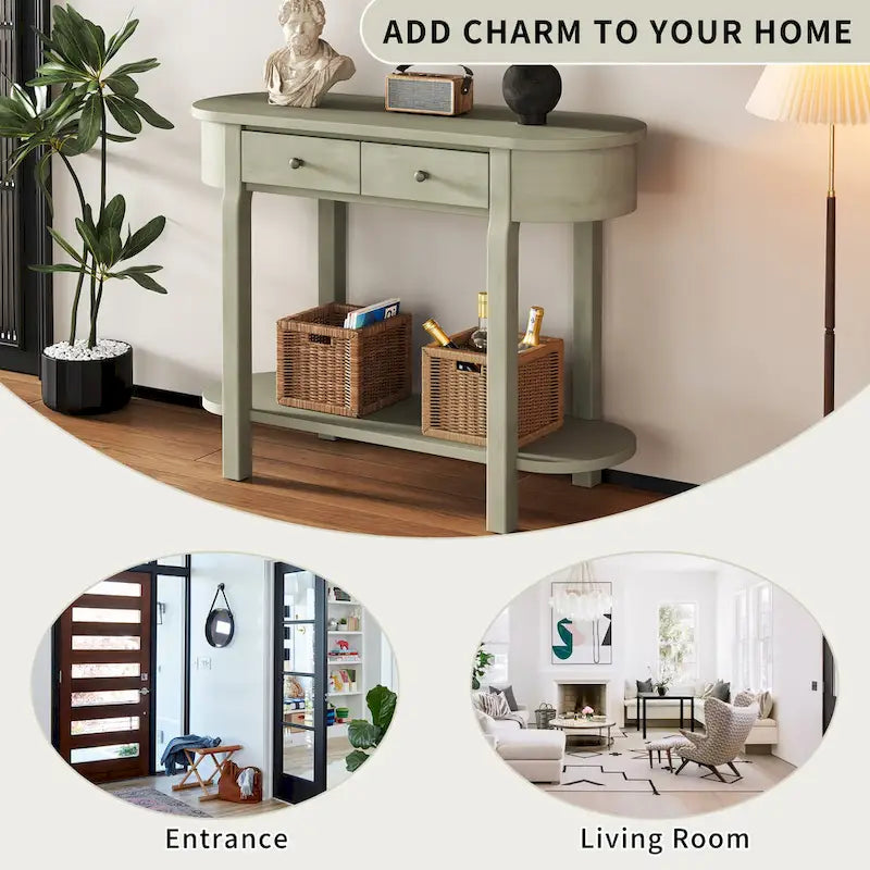 Vintage Console Table with 2 Storage Drawers, Open Lower Shelf, and Curved Design for Home Entryway and Hotel