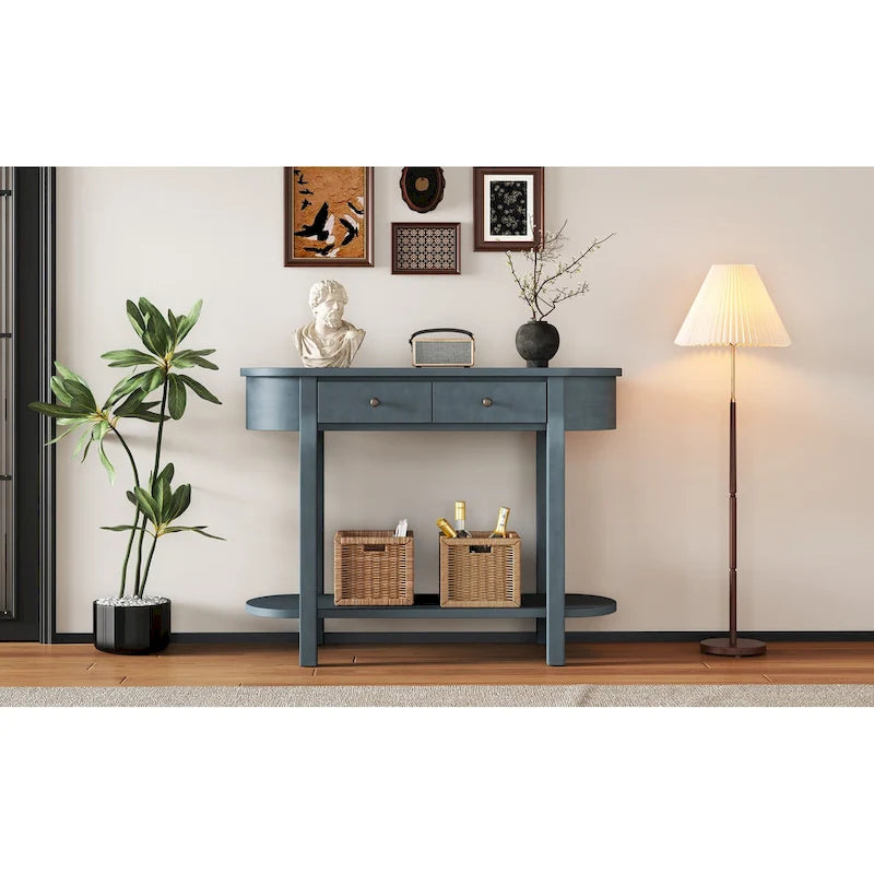Vintage Console Table with 2 Storage Drawers, Open Lower Shelf, and Curved Design for Home Entryway and Hotel