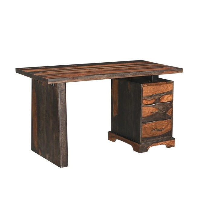HomeRoots 54  Brown Live Edge Solid Wood Writing Desk With Three Drawers