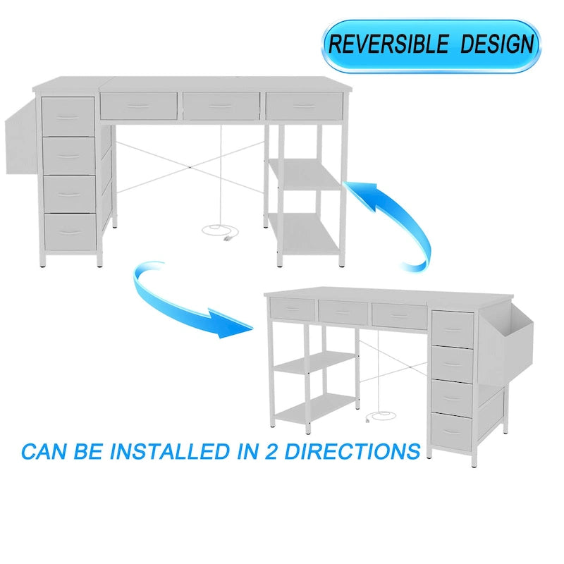 Modern Computer Desk with 7 Drawers and Built In Power Station for Gaming and Studying or Home Office Setup