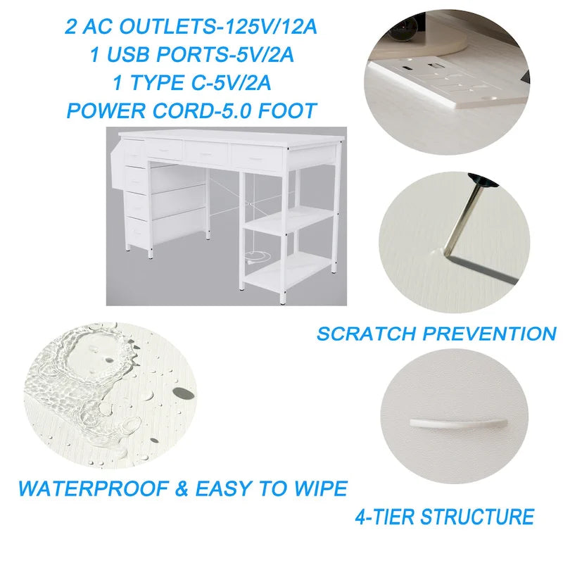 Modern Computer Desk with 7 Drawers and Built In Power Station for Gaming and Studying or Home Office Setup