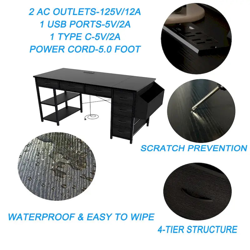 Modern Computer Desk with 7 Drawers and Built In Power Station for Gaming and Studying or Home Office Setup