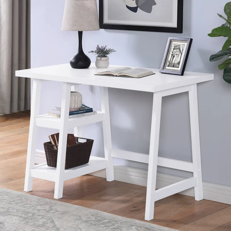 Modern Writing Computer Table Desk with Open Storage Shelves and Rubberwood Legs for Home Office or Bedroom
