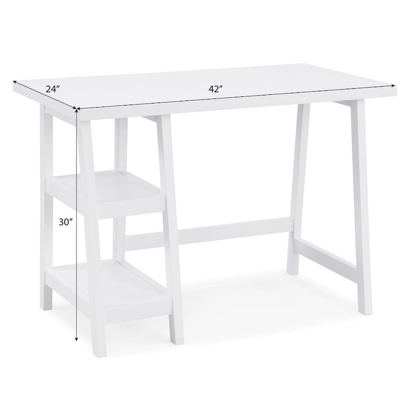 Modern Writing Computer Table Desk with Open Storage Shelves and Rubberwood Legs for Home Office or Bedroom