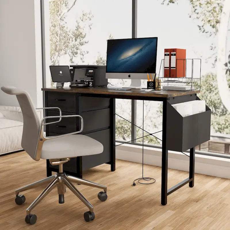 Modern Computer Desk with Charging Station and Reversible Storage Drawers for Home Office or Study Room