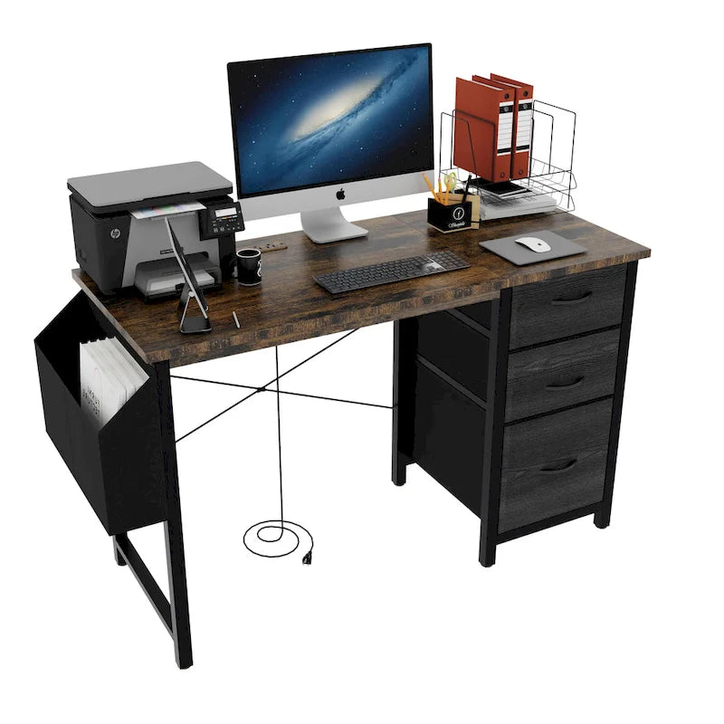 Modern Computer Desk with Charging Station and Reversible Storage Drawers for Home Office or Study Room