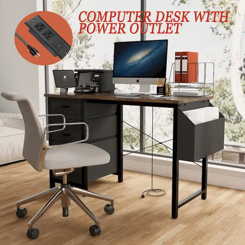 Modern Computer Desk with Charging Station and Reversible Storage Drawers for Home Office or Study Room