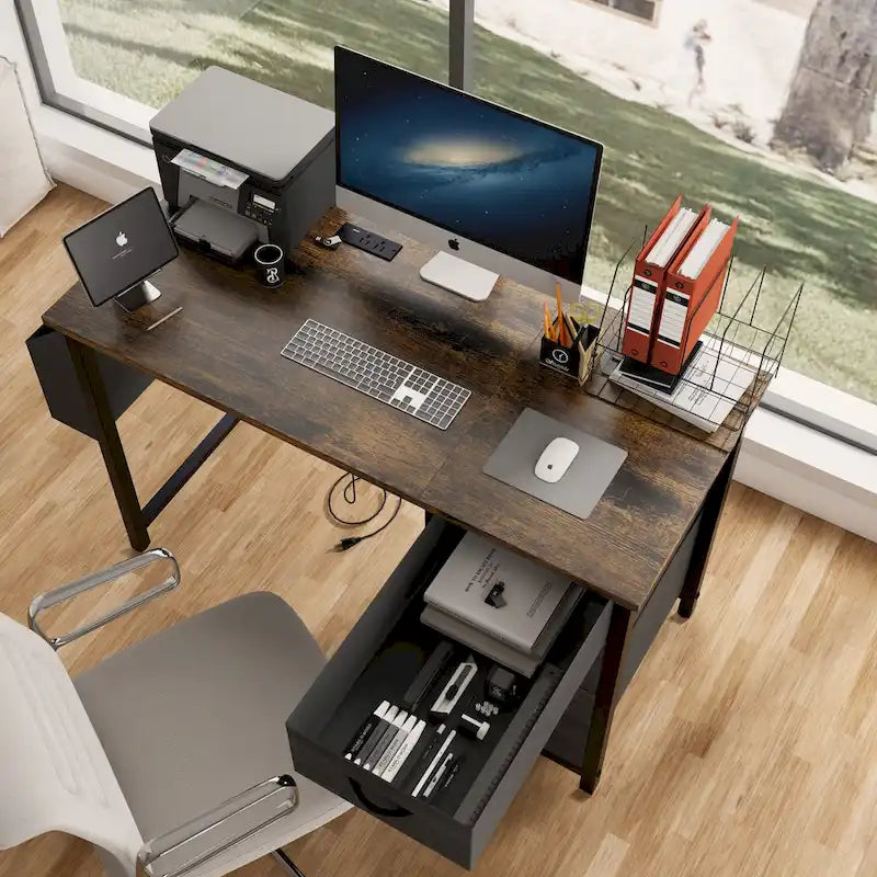 Modern Computer Desk with Charging Station and Reversible Storage Drawers for Home Office or Study Room