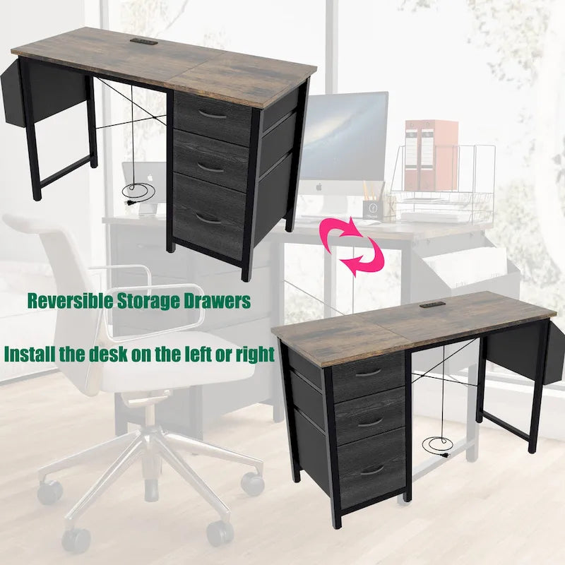 Modern Computer Desk with Charging Station and Reversible Storage Drawers for Home Office or Study Room