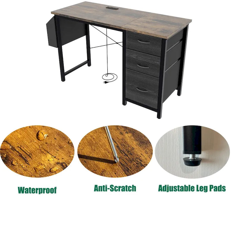 Modern Computer Desk with Charging Station and Reversible Storage Drawers for Home Office or Study Room