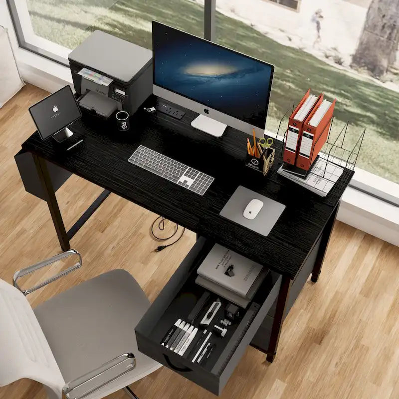 Modern Computer Desk with Charging Station and Reversible Storage Drawers for Home Office or Study Room