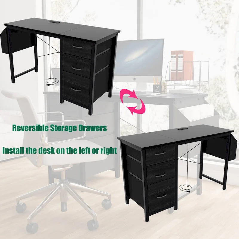 Modern Computer Desk with Charging Station and Reversible Storage Drawers for Home Office or Study Room