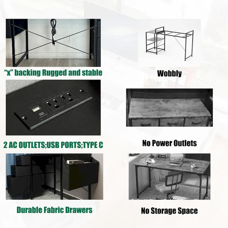 Modern Computer Desk with Charging Station and Reversible Storage Drawers for Home Office or Study Room