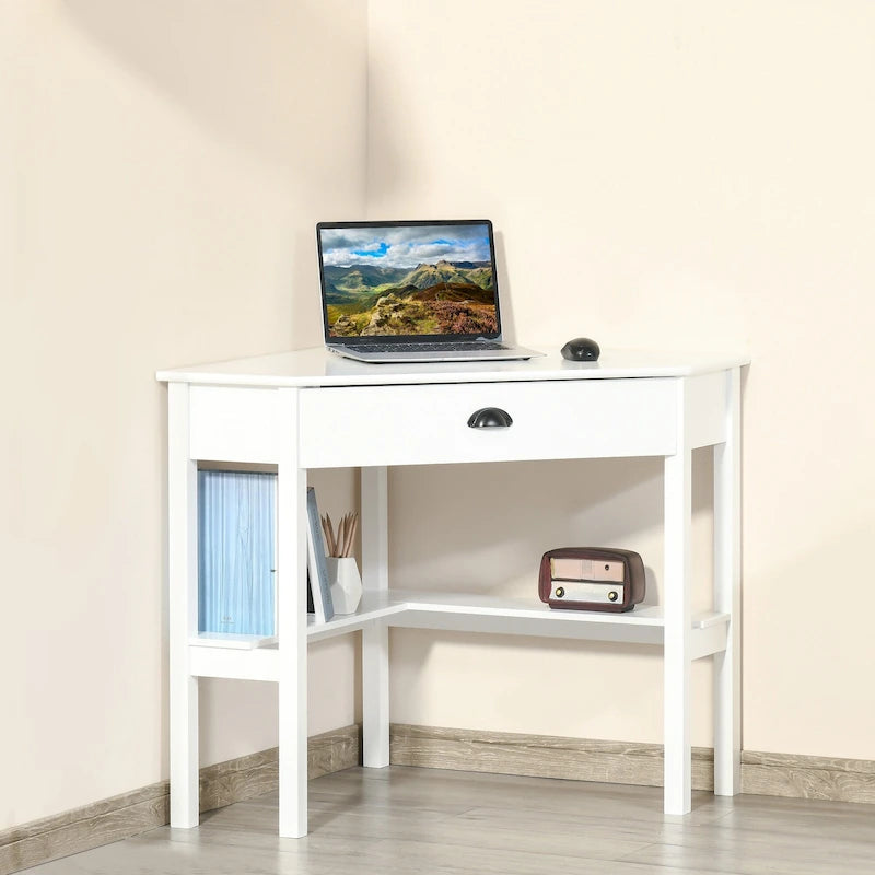 Modern Compact Corner Desk with Slide Out Drawer and Open Shelves for Small Rooms and Workspaces or Display Areas