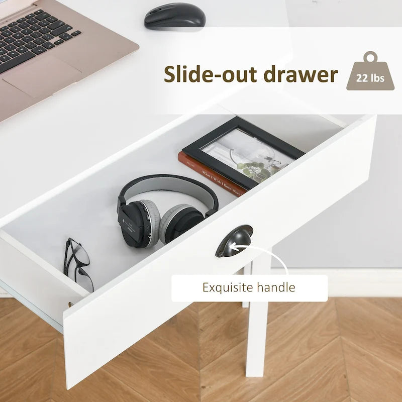 Modern Compact Corner Desk with Slide Out Drawer and Open Shelves for Small Rooms and Workspaces or Display Areas