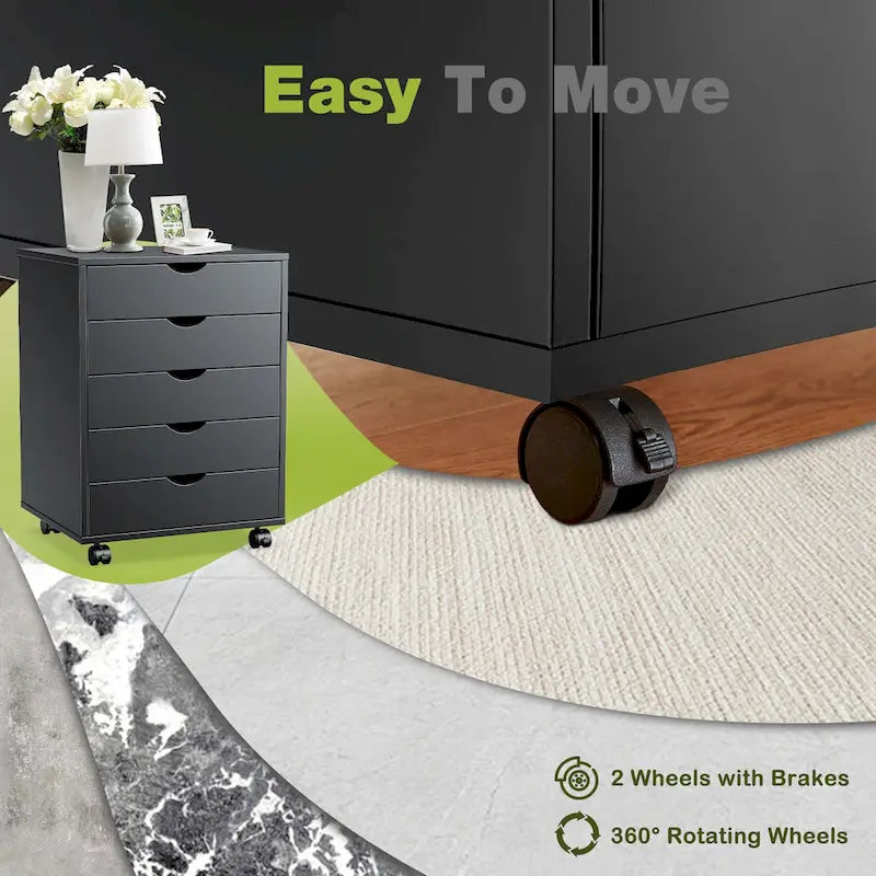 5-Drawer Mobile File Cabinet, Vertical Wooden Storage Dresser with 4 Wheels, Rolling Under Desk Organizer