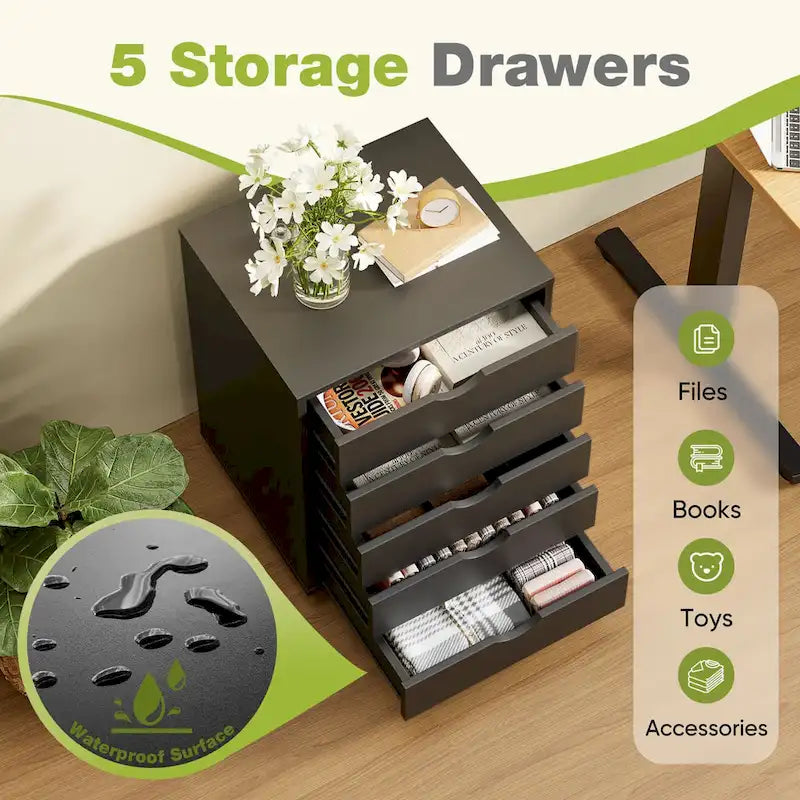 5-Drawer Mobile File Cabinet, Vertical Wooden Storage Dresser with 4 Wheels, Rolling Under Desk Organizer