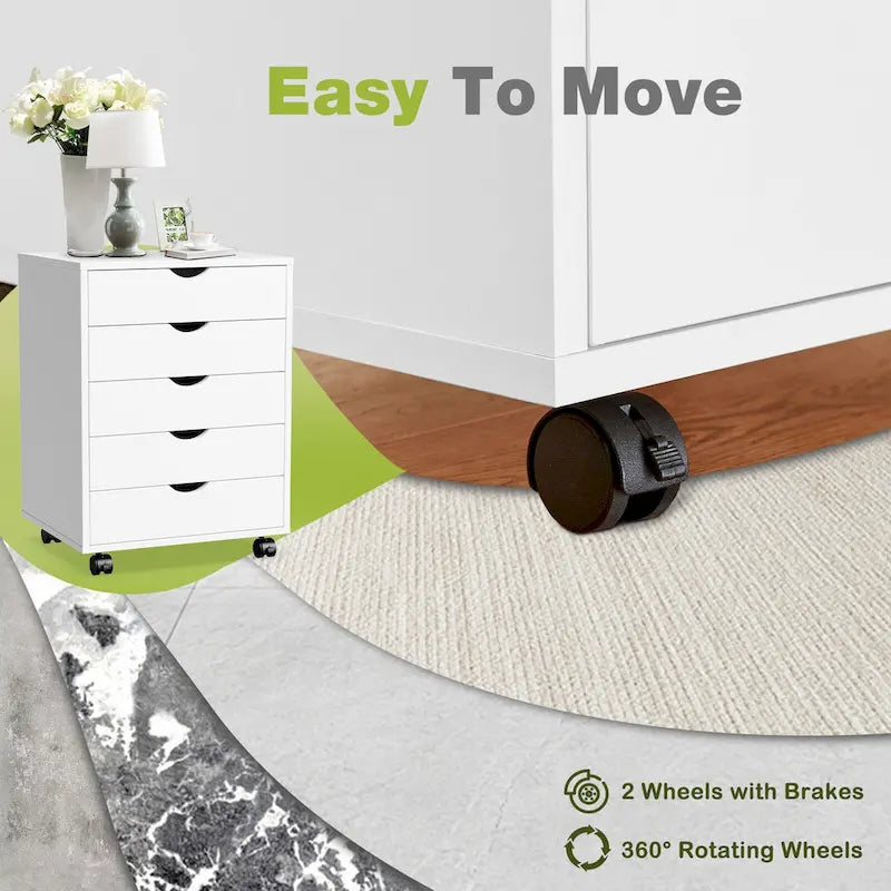 5-Drawer Mobile File Cabinet, Vertical Wooden Storage Dresser with 4 Wheels, Rolling Under Desk Organizer