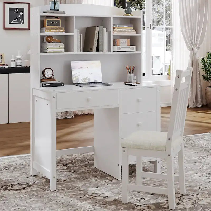 Computer Desk with Four Drawers, Storage Shelf, and Chair, Ideal for Office or Study in Bedroom or Living Room