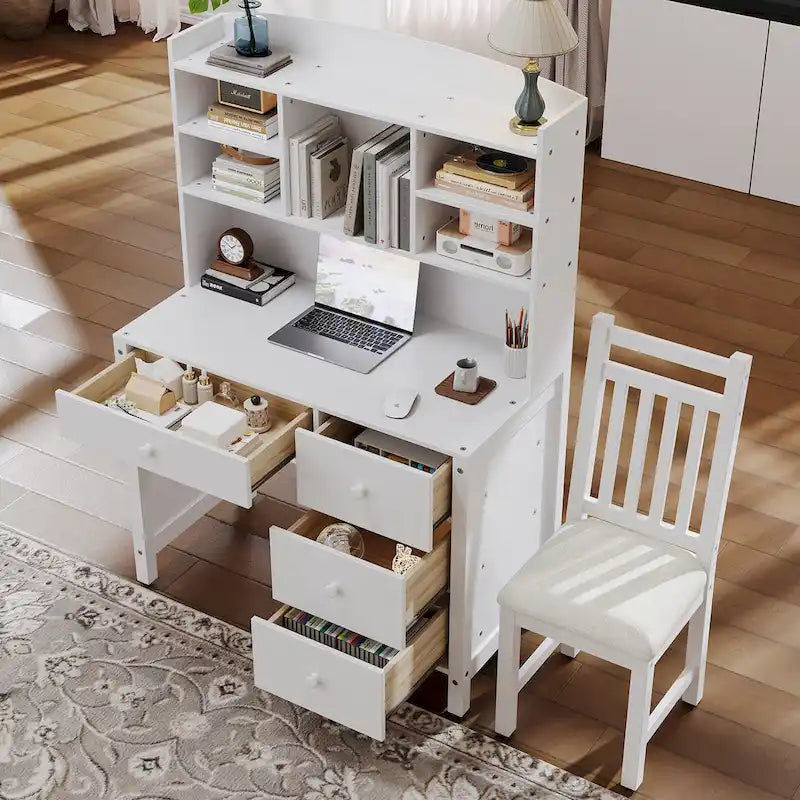 Computer Desk with Four Drawers, Storage Shelf, and Chair, Ideal for Office or Study in Bedroom or Living Room