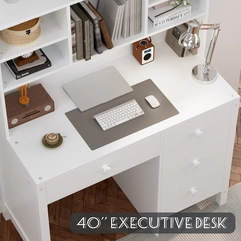 Computer Desk with Four Drawers, Storage Shelf, and Chair, Ideal for Office or Study in Bedroom or Living Room