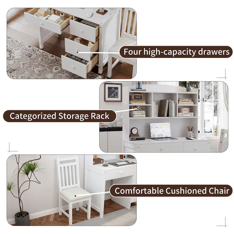 Computer Desk with Four Drawers, Storage Shelf, and Chair, Ideal for Office or Study in Bedroom or Living Room