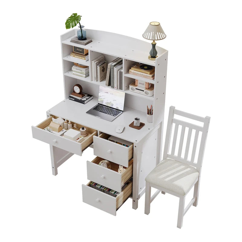 Computer Desk with Four Drawers, Storage Shelf, and Chair, Ideal for Office or Study in Bedroom or Living Room