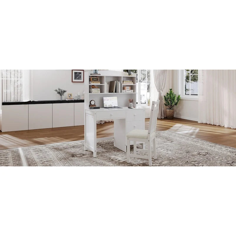 Computer Desk with Four Drawers, Storage Shelf, and Chair, Ideal for Office or Study in Bedroom or Living Room