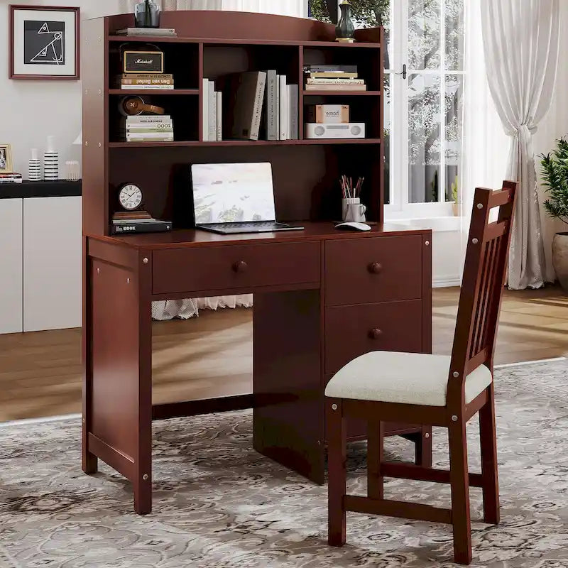 Computer Desk with Four Drawers, Storage Shelf, and Chair, Ideal for Office or Study in Bedroom or Living Room