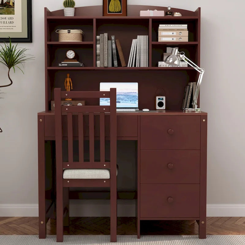 Computer Desk with Four Drawers, Storage Shelf, and Chair, Ideal for Office or Study in Bedroom or Living Room