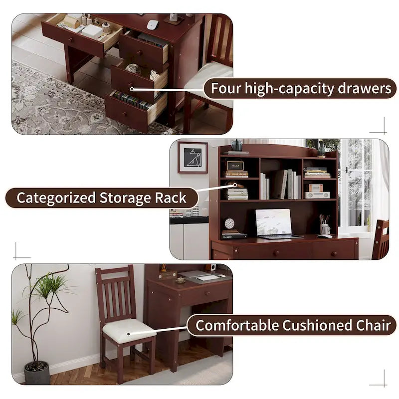Computer Desk with Four Drawers, Storage Shelf, and Chair, Ideal for Office or Study in Bedroom or Living Room