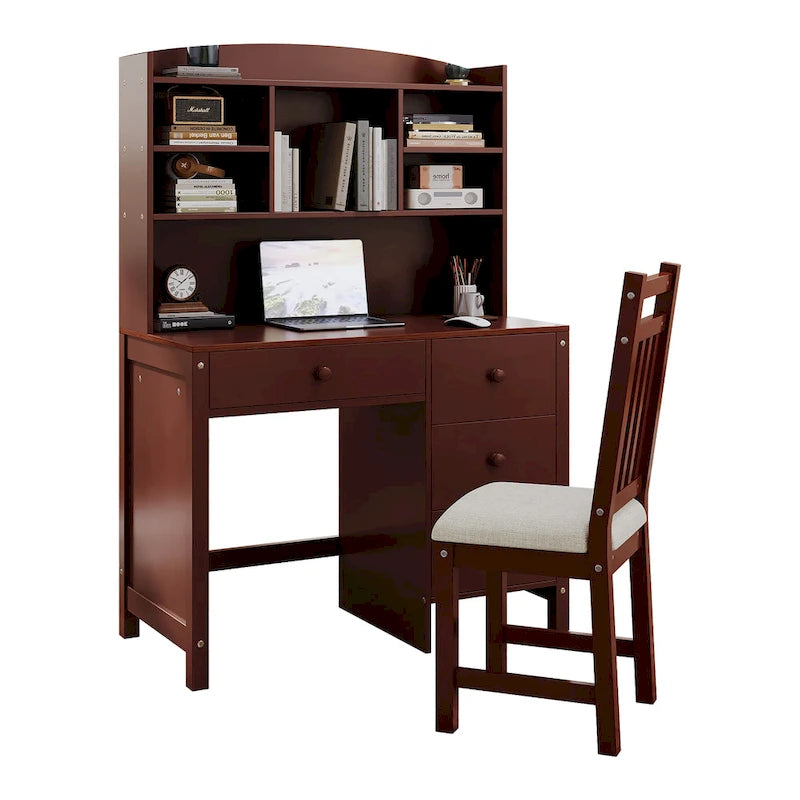 Computer Desk with Four Drawers, Storage Shelf, and Chair, Ideal for Office or Study in Bedroom or Living Room