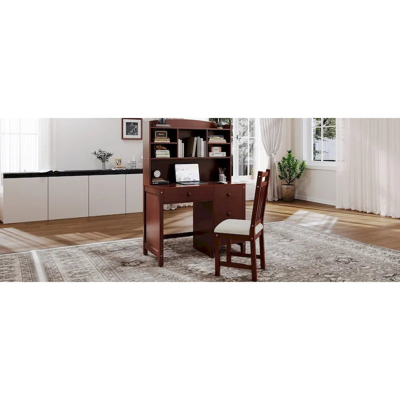 Computer Desk with Four Drawers, Storage Shelf, and Chair, Ideal for Office or Study in Bedroom or Living Room