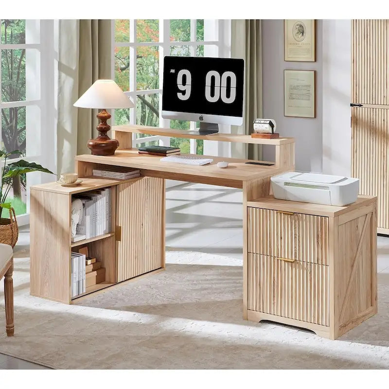 67  Modern L Shaped Desk, Wood Home Office Desk with Charging Station