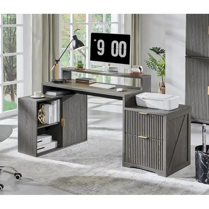 67  Modern L Shaped Desk, Wood Home Office Desk with Charging Station