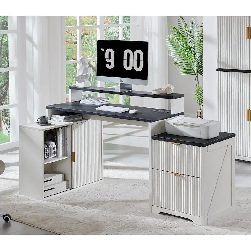 67  Modern L Shaped Desk, Wood Home Office Desk with Charging Station