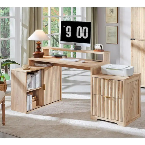 67  Modern L Shaped Desk, Wood Home Office Desk with Charging Station