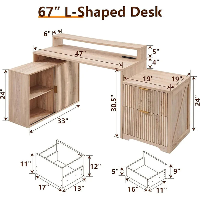 67  Modern L Shaped Desk, Wood Home Office Desk with Charging Station