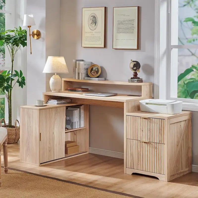 67  Modern L Shaped Desk, Wood Home Office Desk with Charging Station