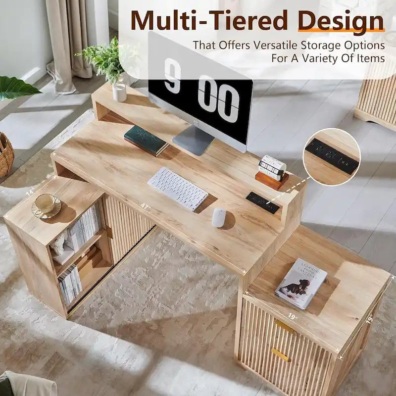 67  Modern L Shaped Desk, Wood Home Office Desk with Charging Station