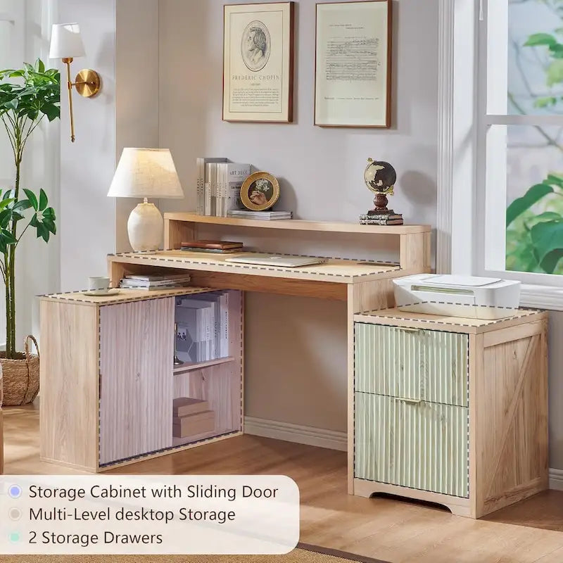 67  Modern L Shaped Desk, Wood Home Office Desk with Charging Station