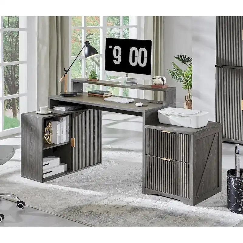 67  Modern L Shaped Desk, Wood Home Office Desk with Charging Station