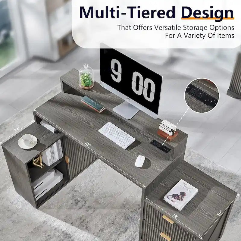 67  Modern L Shaped Desk, Wood Home Office Desk with Charging Station